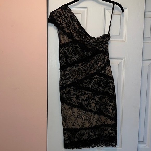 bebe black lace one shoulder dress Lace-Up Back Midi Dress bebe